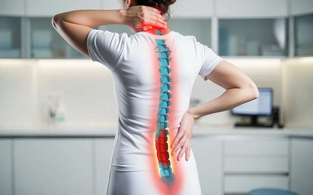 Woman holding neck and lower back in pain, with highlighted areas showing spinal discomfort.
