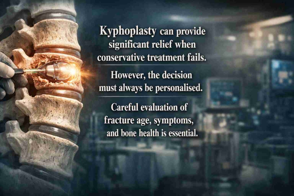 A close-up of a kyphoplasty procedure being performed on a vertebra, with a glowing tool inside the spine.