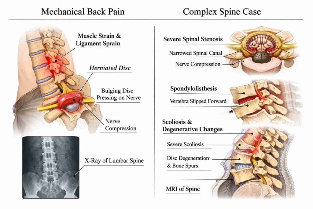 Comparison of mechanical back pain and complex spine conditions including herniated disc, spinal stenosis, spondylolisthesis, and scoliosis with medical illustrations
