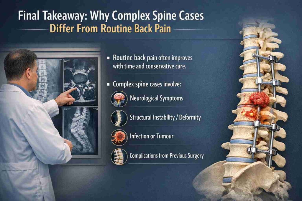 Doctor explaining complex spine conditions showing spinal instability, nerve compression, infection, and post-surgery complications compared to routine back pain