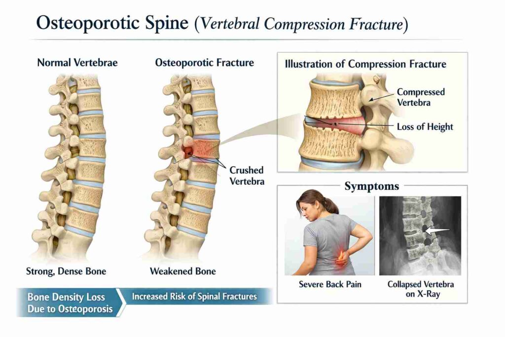Illustration of a vertebral compression fracture showing normal and osteoporotic vertebrae with a crushed vertebra, indicating bone density loss and spinal fracture risk. Symptoms of severe back pain are shown