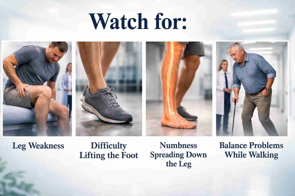 Signs of nerve-related spine problems including leg weakness, difficulty lifting foot, numbness down the leg, and balance issues while walking